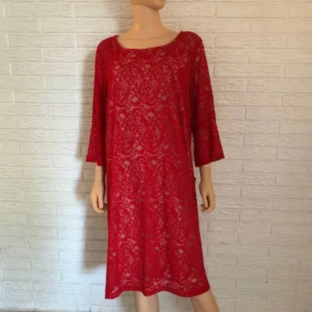 Ellen Weaver Red Lace Midi Dress with nude color lining, Size L NWT